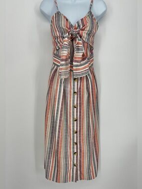 Style House Striped Button Front Tie Dress Boho Midi Rust Orange Size S